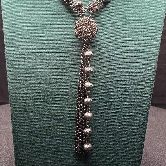 Multi Strand Grey Beaded Ball Tassel Necklace Titanium Silver Women 37in - Picture 4 of 4